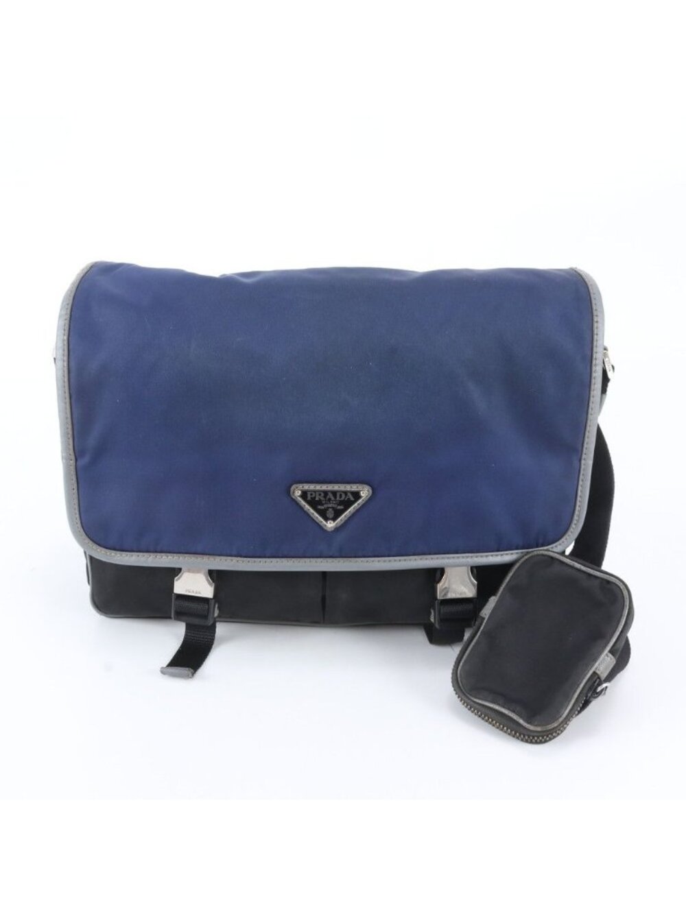 Prada Tessuto Nylon Triangle Logo Leather Shoulder Bag Crossbody Navy